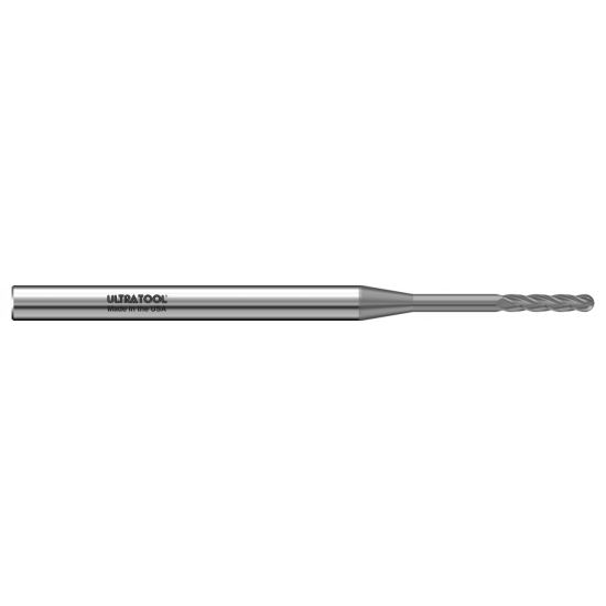 320MERBN .020” Diam., .100” LOC, .200 LBS, 3” OAL, 1/8” Shank 4 Flute Single End Ball End Micro Extended Reach Carbide End Mill CVD Diamond