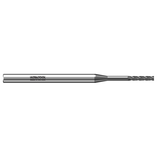 320MERSN .090” Diam., .450” LOC, .1.0 LBS, 3” OAL, 1/8” Shank 4 Flute Single End Square End Micro Extended Reach Carbide End Mill PVD Diamond